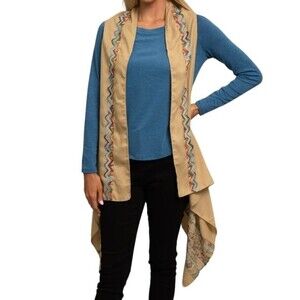 NWT Aztec Southwestern Pattern Embroidered Vest/Wrap Sleeveless Cover Up OS Tan